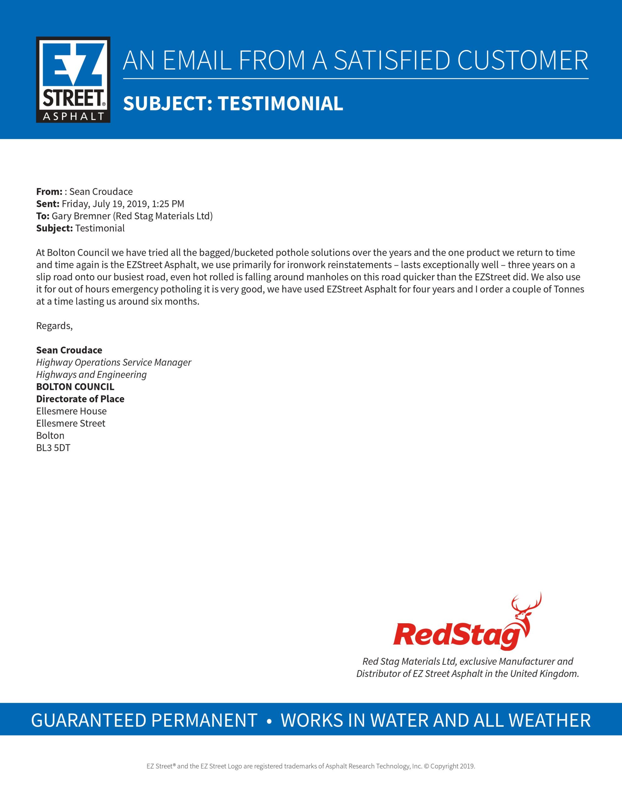 Bolton Council Testimonial Email — EZ Street Asphalt UK